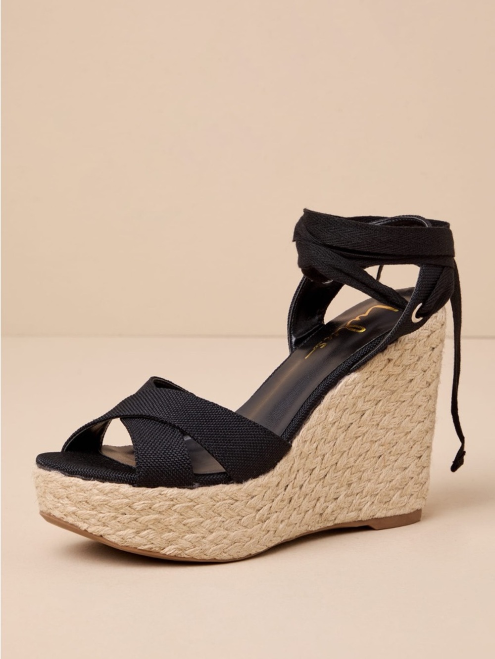 Black Espadrille Wedge Sandals with Ankle Tie